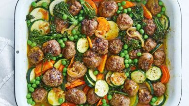 Curried sausage meatball tray bake recipe