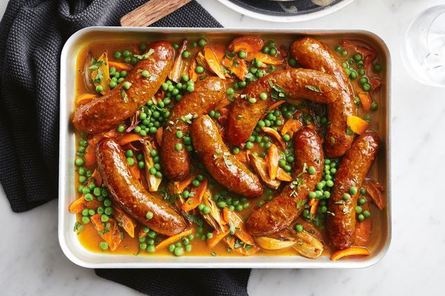 Curried sausages tray bake recipe